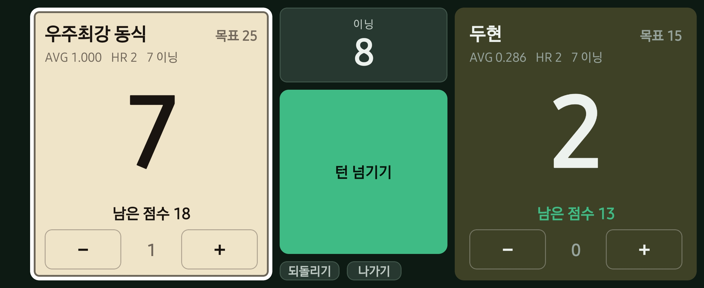점수판의 플러스, 마이너스, 턴 넘기기와 되돌리기 버튼