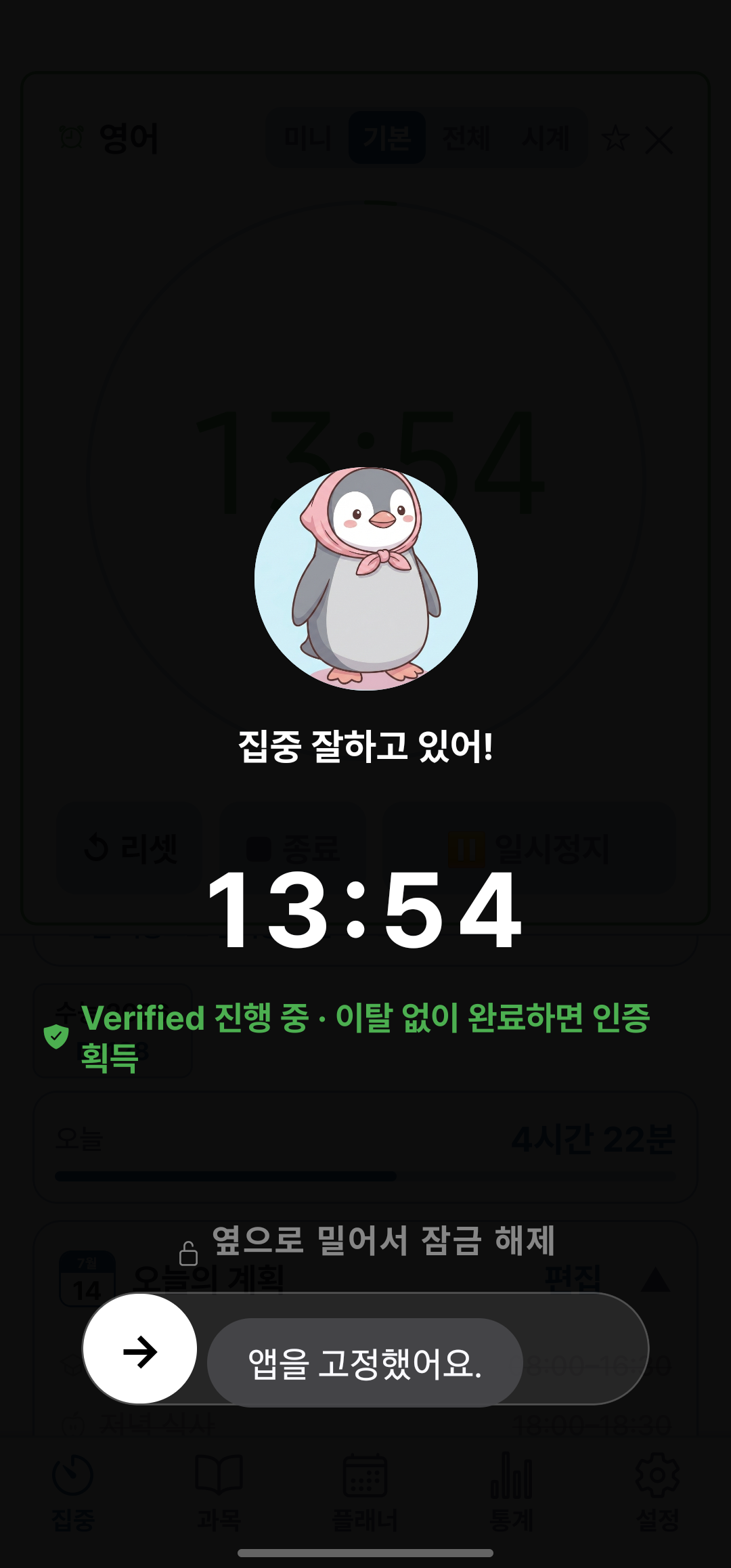 집중 잠금 오버레이 — 화면을 덮어 딴짓 차단