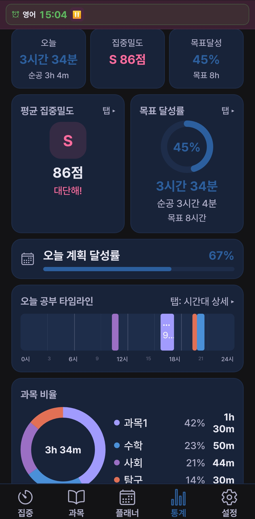 다크 모드 — 일간 통계 화면