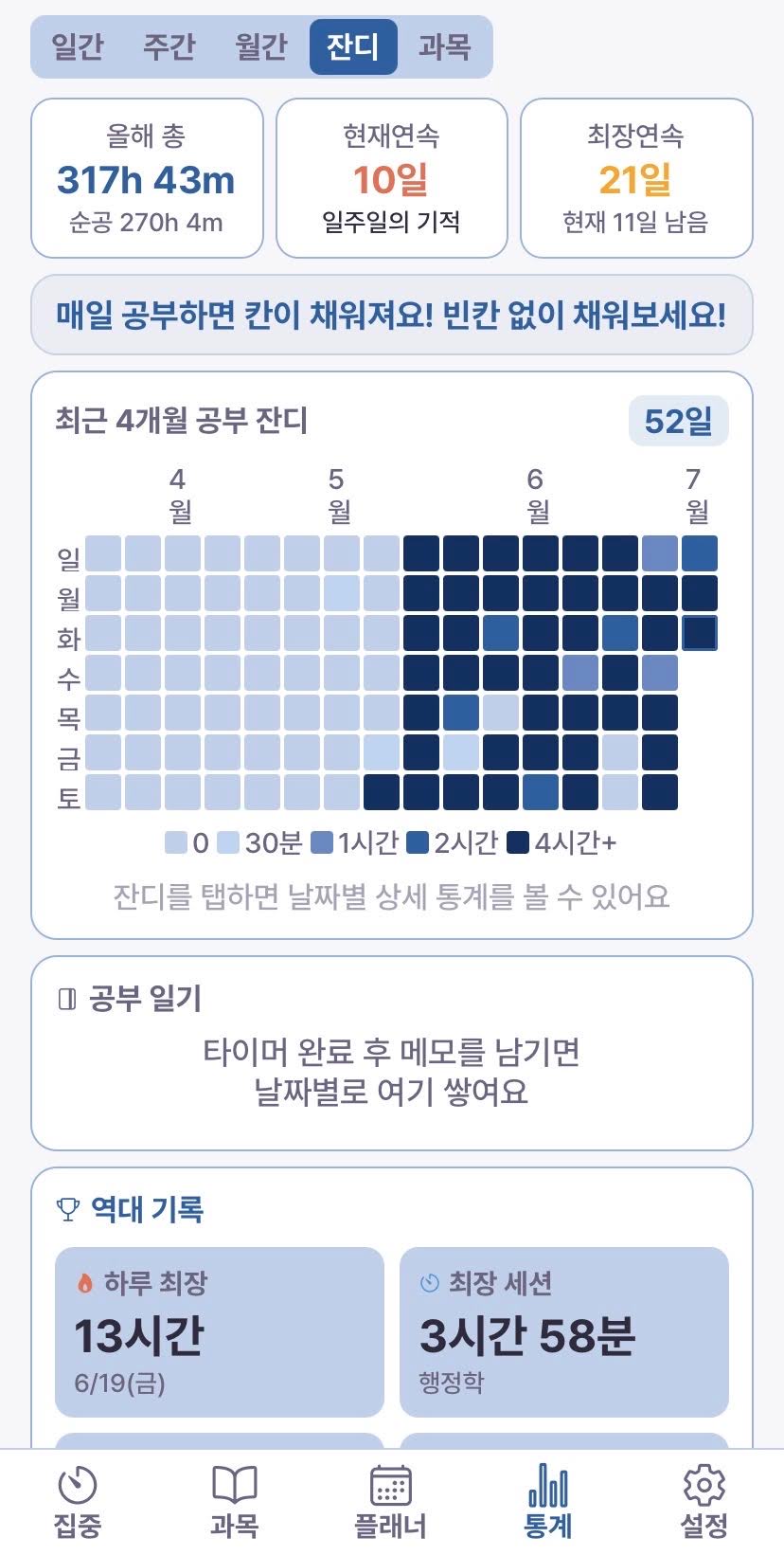 공부 잔디 — 최근 4개월 히트맵과 연속 공부일